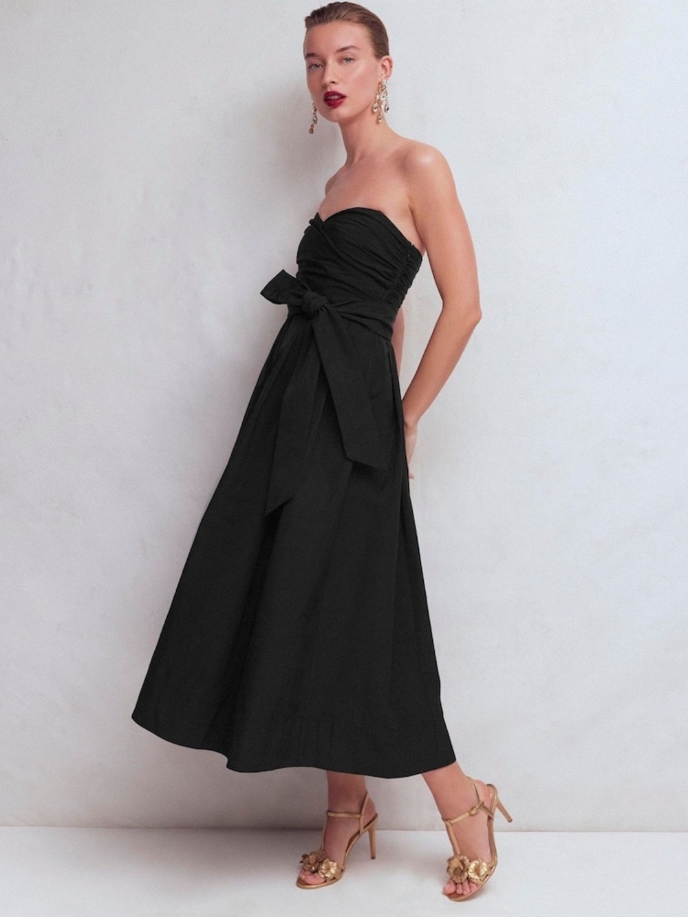 NEW Boden Bow Belt Strapless Taffeta Midi Dress LBD Wedding Guest Party Cocktail